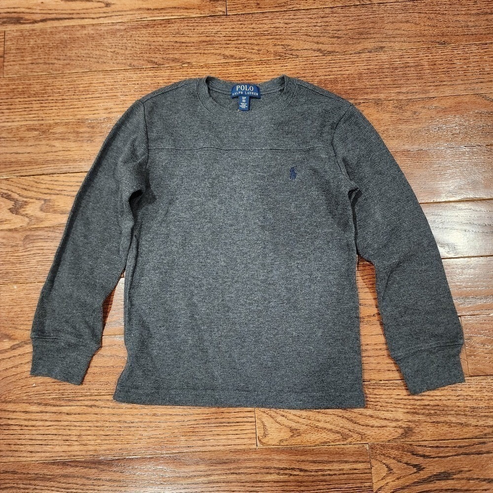 Polo Ralph Lauren Thermal Shirt Kids Size 8 Gray Waffle Knit Preppy Classic Cozy